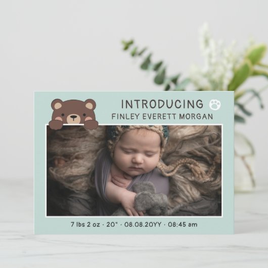 ティール（緑がかった色）淡い色のかわいいクマ紹介ベビー発表 案内状 (スタンド正面)