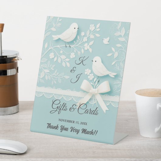 ティール（緑がかった色）淡い色のロマンチックなレース&鳥のウェディングギフトカード 台座サイン (インサイチュ)