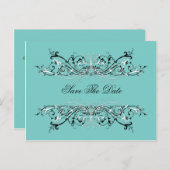 ティール(緑がかった色)淡い色の白黒スワーズ日付を保存 案内ポストカード (正面/裏面)