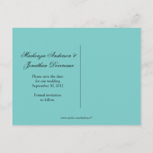 ティール(緑がかった色)淡い色の白黒スワーズ日付を保存 案内ポストカード (裏面)