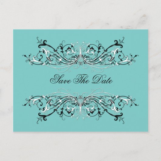 ティール(緑がかった色)淡い色の白黒スワーズ日付を保存 案内ポストカード (正面)