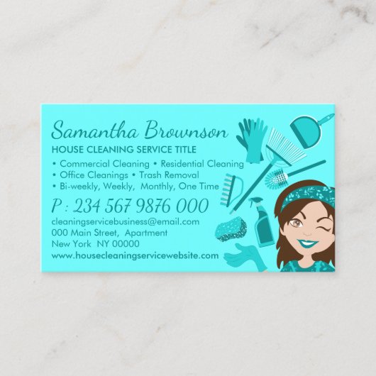 ティール（緑がかった色）清掃清掃員レディークリーニングアポイントメント 名刺 (正面)