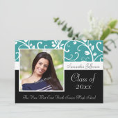 ティール(緑がかった色)渦巻形のつる植物写真の卒業発表 招待状 (スタンド正面)