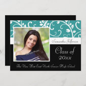 ティール(緑がかった色)渦巻形のつる植物写真の卒業発表 招待状 (正面/裏面)