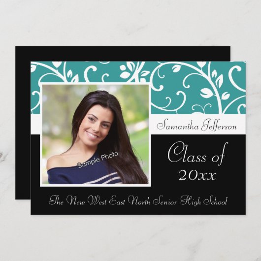 ティール(緑がかった色)渦巻形のつる植物写真の卒業発表 招待状 (正面/裏面)