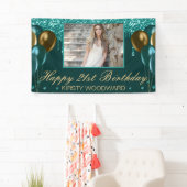 ティール（緑がかった色）滴下グリッターと金ゴールド風船誕生日 横断幕 (インサイチュ)