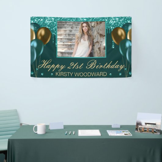 ティール（緑がかった色）滴下グリッターと金ゴールド風船誕生日 横断幕 (トレードショー)