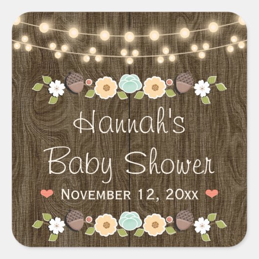 ティール(緑がかった色)灯列素朴秋ブライダルシャワー スクエアシール (正面)