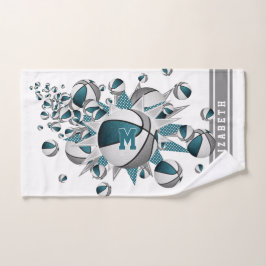 ティール（緑がかった色）灰色のバスケットは女の子を星モノグラムのにする ハンドタオル