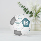 ティール（緑がかった色）灰色の白いサッカーをテーマにした誕生日パーティー 案内状 (スタンド正面)