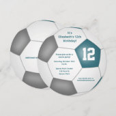 ティール（緑がかった色）灰色の白いサッカーをテーマにした誕生日パーティー 案内状 (正面/裏面)