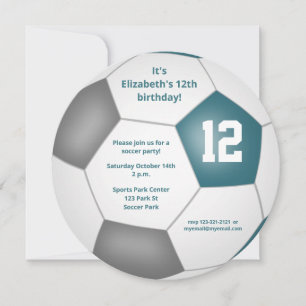 ティール(緑がかった色)灰色の白いサッカーをテーマにした誕生日パーティー 案内状