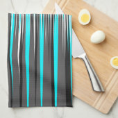 ティール(緑がかった色)、灰色、白、及び黒のストライプ キッチンタオル (四つ折り)