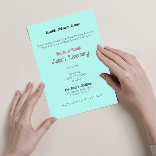 ティール（緑がかった色）無地のカラー、ベビーガールAqiqahベビーシャワー 招待状