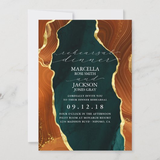ティール（緑がかった色）、焦げたオレンジと金ゴールドアガテリハーサルディナー 招待状 (正面)