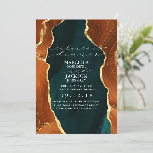 ティール（緑がかった色）、焦げたオレンジと金ゴールドアガテリハーサルディナー 招待状 (スタンド正面)