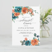 ティール(緑がかった色)焦げオレンジ色の花秋リハーサルディナー 招待状 (スタンド正面)