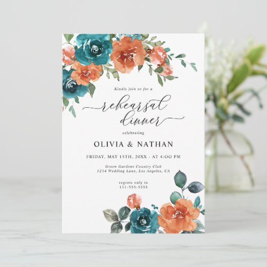 ティール（緑がかった色）焦げオレンジ色の花秋リハーサルディナー 招待状 (スタンド正面)