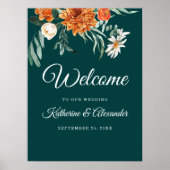 ティール（緑がかった色）焼けオレンジエレガント色のフローラ結婚歓迎 ポスター (正面)