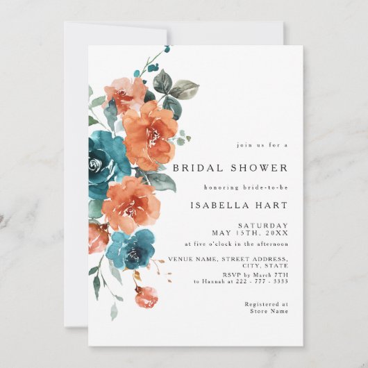ティール(緑がかった色)焼けオレンジフローラブライダルシャワー招待 招待状 (正面)