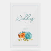 ティール（緑がかった色）焼けオレンジフローラ秋の結婚式歓迎 アクリルサイン (正面)