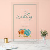 ティール（緑がかった色）焼けオレンジフローラ秋の結婚式歓迎 アクリルサイン (ウェディング)