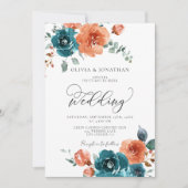ティール(緑がかった色)焼けオレンジ素朴色秋結婚フローラ 招待状 (正面)
