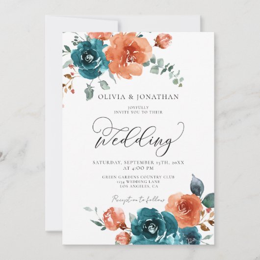 ティール(緑がかった色)焼けオレンジ素朴色秋結婚フローラ 招待状 (正面)