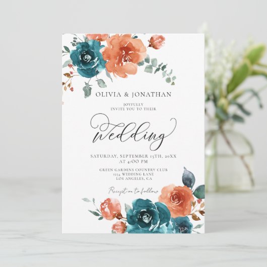 ティール（緑がかった色）焼けオレンジ素朴色秋結婚フローラ 招待状 (スタンド正面)