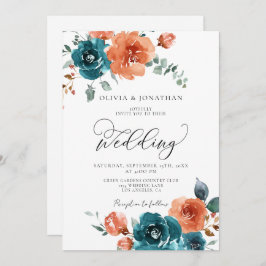 ティール（緑がかった色）焼けオレンジ素朴色秋結婚フローラ 招待状