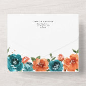 ティール(緑がかった色)焼けオレンジ素朴錆フローラ結婚式RSVP オールインワン招待状 (裏面)