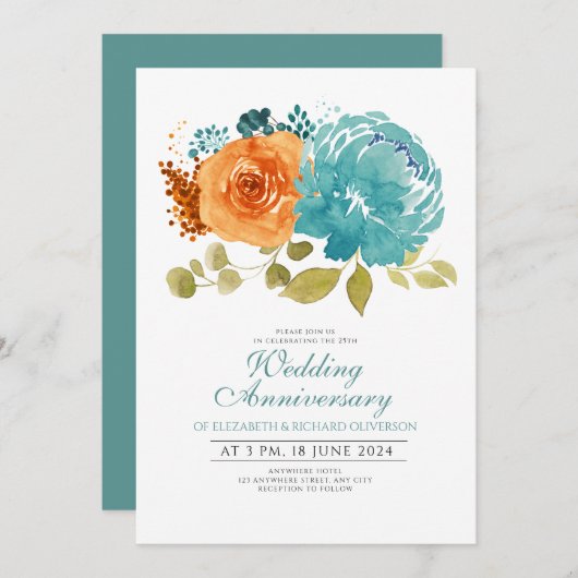 ティール（緑がかった色）焼けオレンジ結婚フローラ記念日 招待状 (正面/裏面)