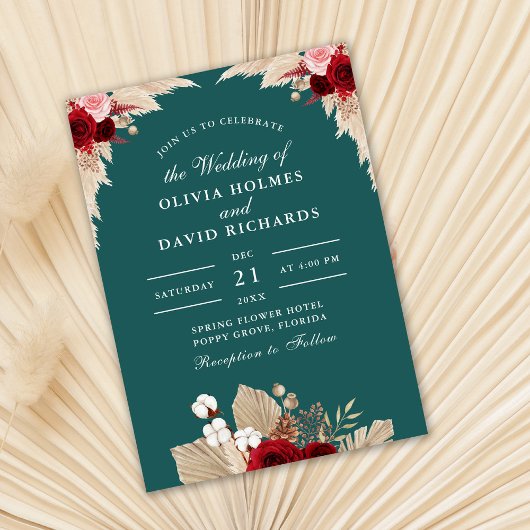 ティール（緑がかった色）熱帯バラ結婚式招待状 招待状