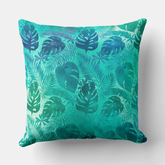 ティール(緑がかった色)熱帯パームリーフパターン クッション (裏面)