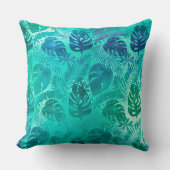 ティール(緑がかった色)熱帯パームリーフパターン クッション (正面)