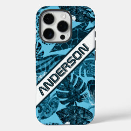 ティール（緑がかった色）熱帯フローラ離れパームパーソナライズされた名 iPhone 16 PROケース