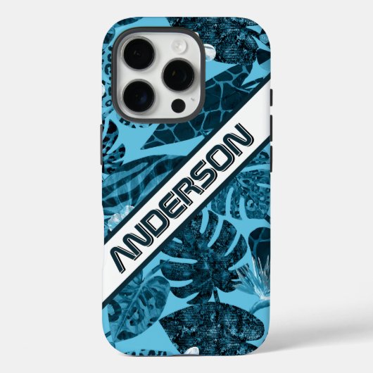 ティール（緑がかった色）熱帯フローラ離れパームパーソナライズされた名 Case-Mate iPhoneケース (裏面)