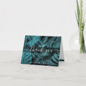 ティール(緑がかった色)熱帯ヤシの葉の書道台本 サンキューカード (正面)