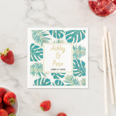 ティール（緑がかった色）熱帯性モンステラ葉、パメモダン結婚ス スタンダードカクテルナプキン (インサイチュ)