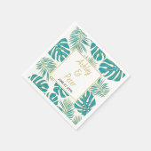 ティール（緑がかった色）熱帯性モンステラ葉、パメモダン結婚ス スタンダードカクテルナプキン (角)