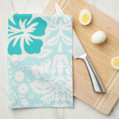 ティール(緑がかった色)熱帯花 キッチンタオル (四つ折り)