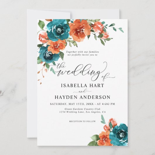 ティール（緑がかった色）燃えたオレンジ素朴色のフローラウォーター結婚カラー 招待状 (正面)