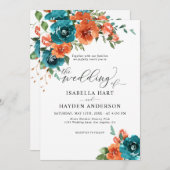 ティール（緑がかった色）燃えたオレンジ素朴色のフローラウォーター結婚カラー 招待状 (正面/裏面)