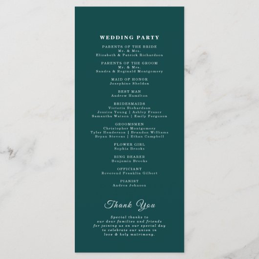 ティール（緑がかった色）燃えたオレンジ色のフローラエレガントスクリプ結婚ト プログラム (裏面)