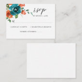 ティール(緑がかった色)燃えたオレンジ色のフローラ水の色の結婚式RSVP エンクロージャーカード (正面/裏面)