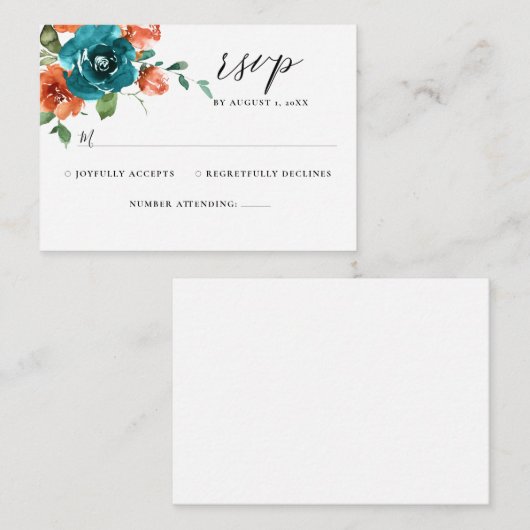 ティール(緑がかった色)燃えたオレンジ色のフローラ水の色の結婚式RSVP エンクロージャーカード (正面/裏面)