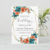 ティール（緑がかった色）燃えたオレンジ色のフローラ金ゴールド結婚フレーム 招待状 (スタンド正面)