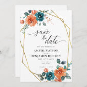 ティール(緑がかった色)燃えたオレンジ色の水の色フローラ日付を保存 招待状 (正面/裏面)