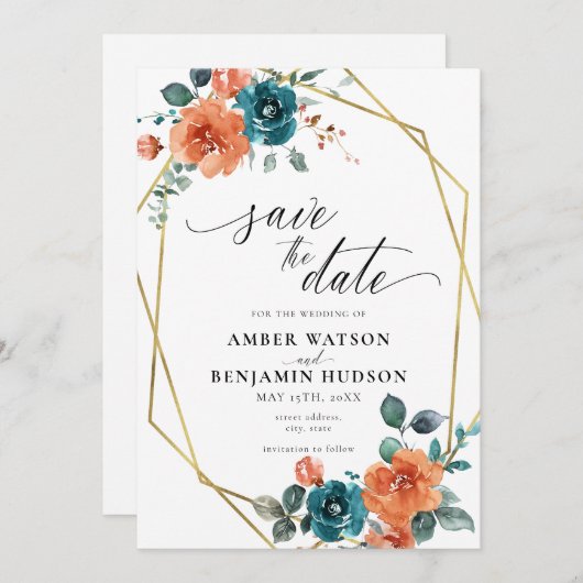 ティール(緑がかった色)燃えたオレンジ色の水の色フローラ日付を保存 招待状 (正面/裏面)