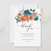 ティール(緑がかった色)燃えたオレンジ色の水色のフローラ サンキューカード (正面)